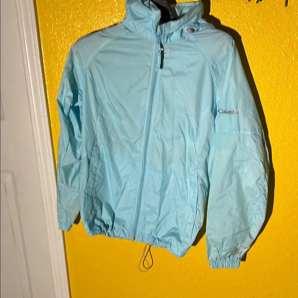 Columbia Light Aqua Hooded Rain Jacket